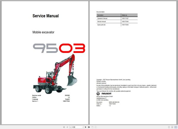 Wacker Neuson Excavator 9503 Service Manual and Diagram 1000175340 1