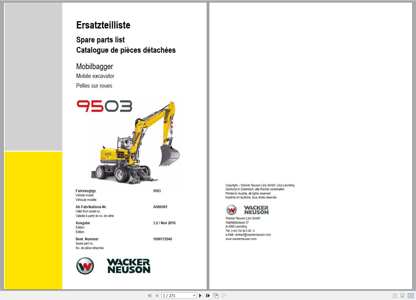 Wacker Neuson Excavator 9503 Spare Parts List 1000172540 1