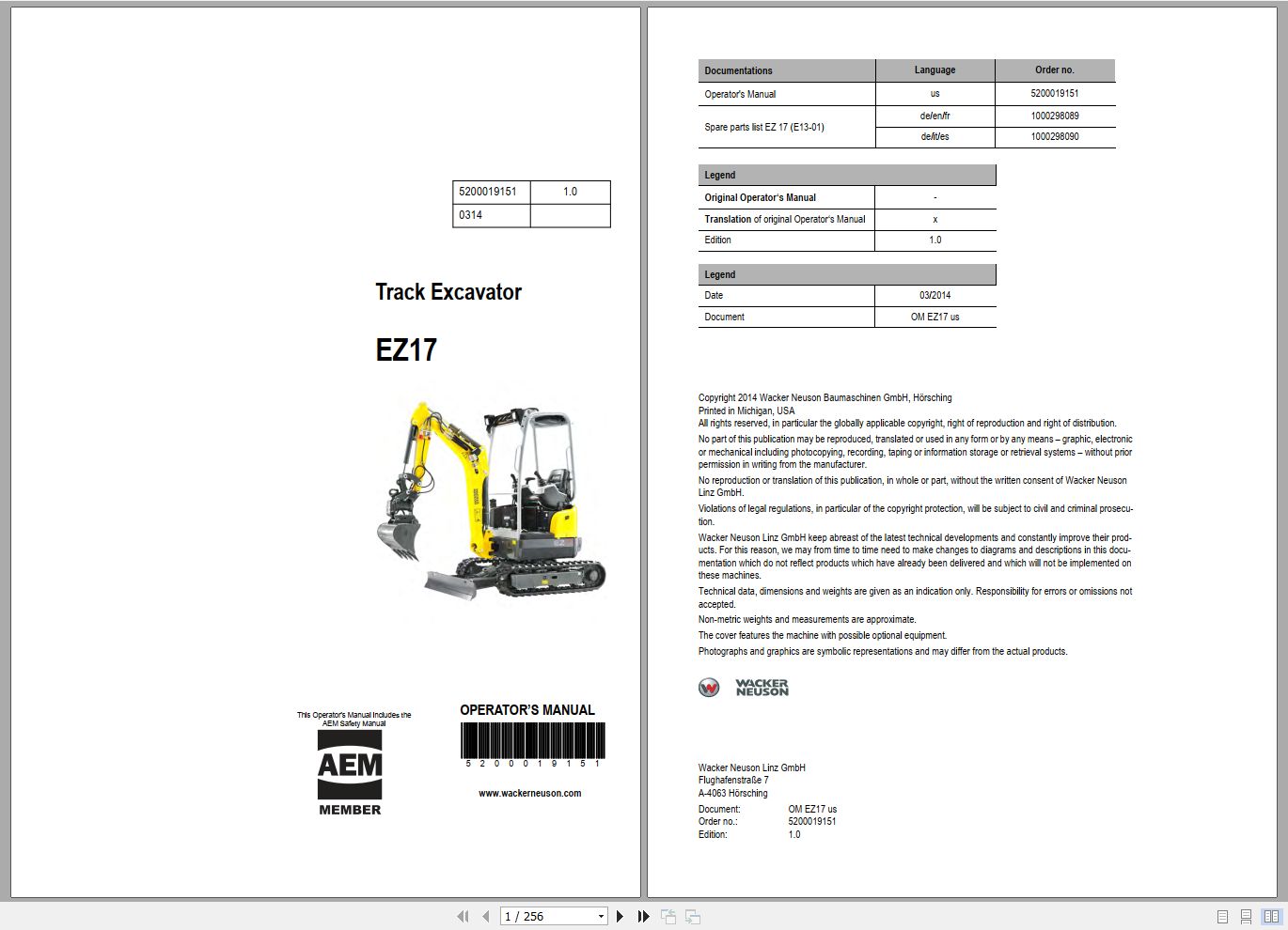 Wacker Neuson Excavator EZ17 Operating Manual 5200019151 1
