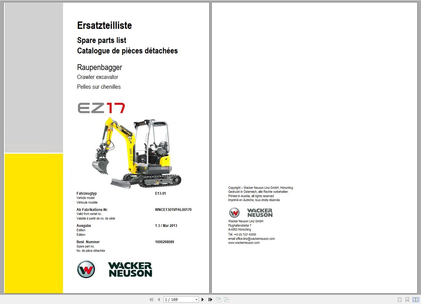 Wacker Neuson Excavator EZ17 Spare Parts List 1000298089 1