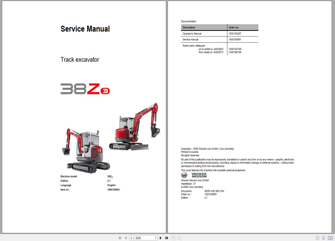 Wacker Neuson Excavators 38Z3 Service Manual and Diagram 1000160891 1