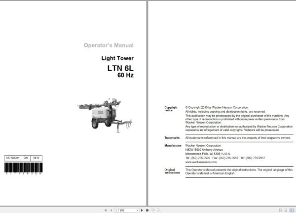 Wacker Neuson Light Towers LTN 6L 60Hz Operating Manual 0171883en 1