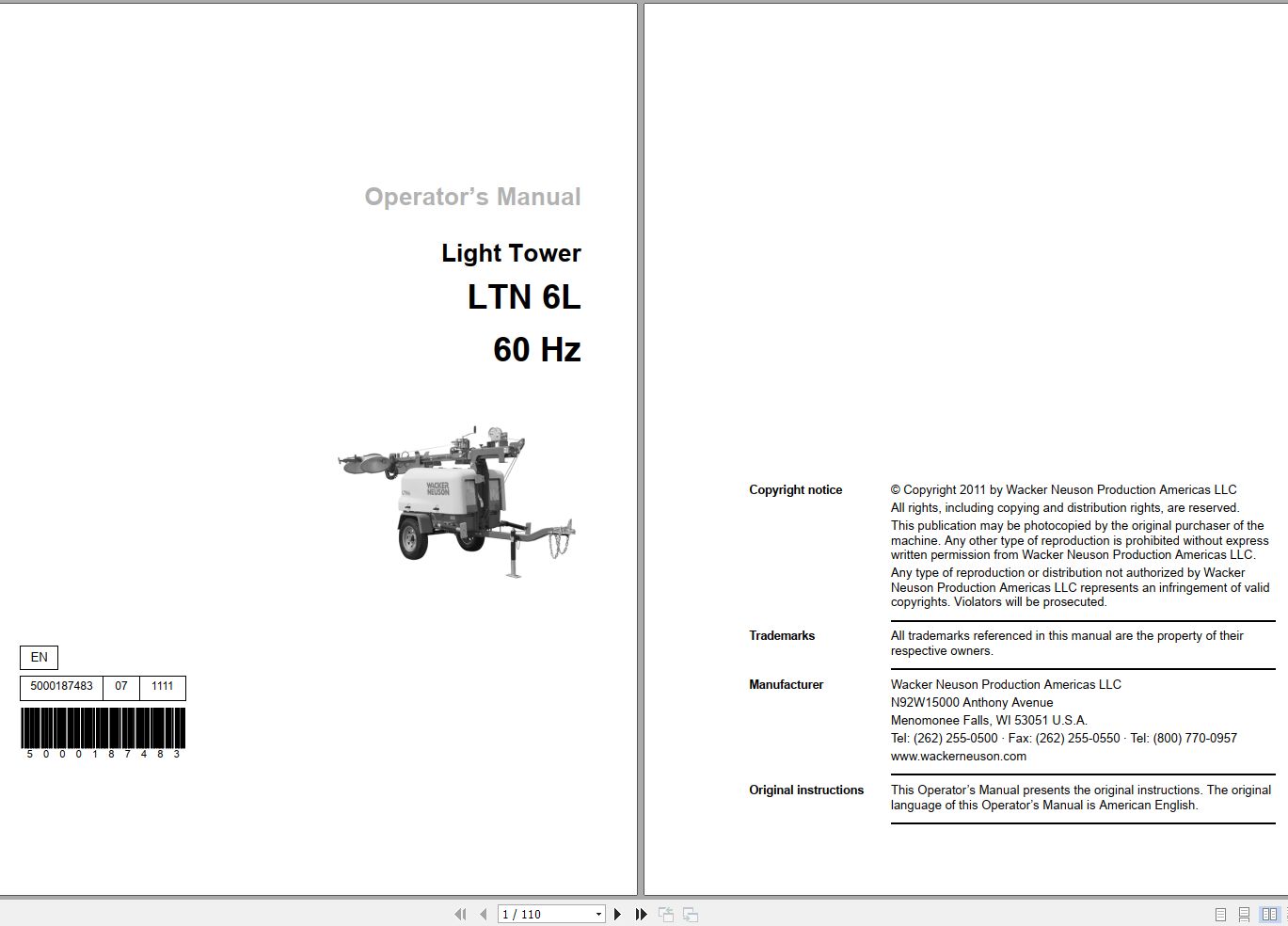 Wacker Neuson Light Towers LTN 6L 60Hz Operating Manual 5000187483 1