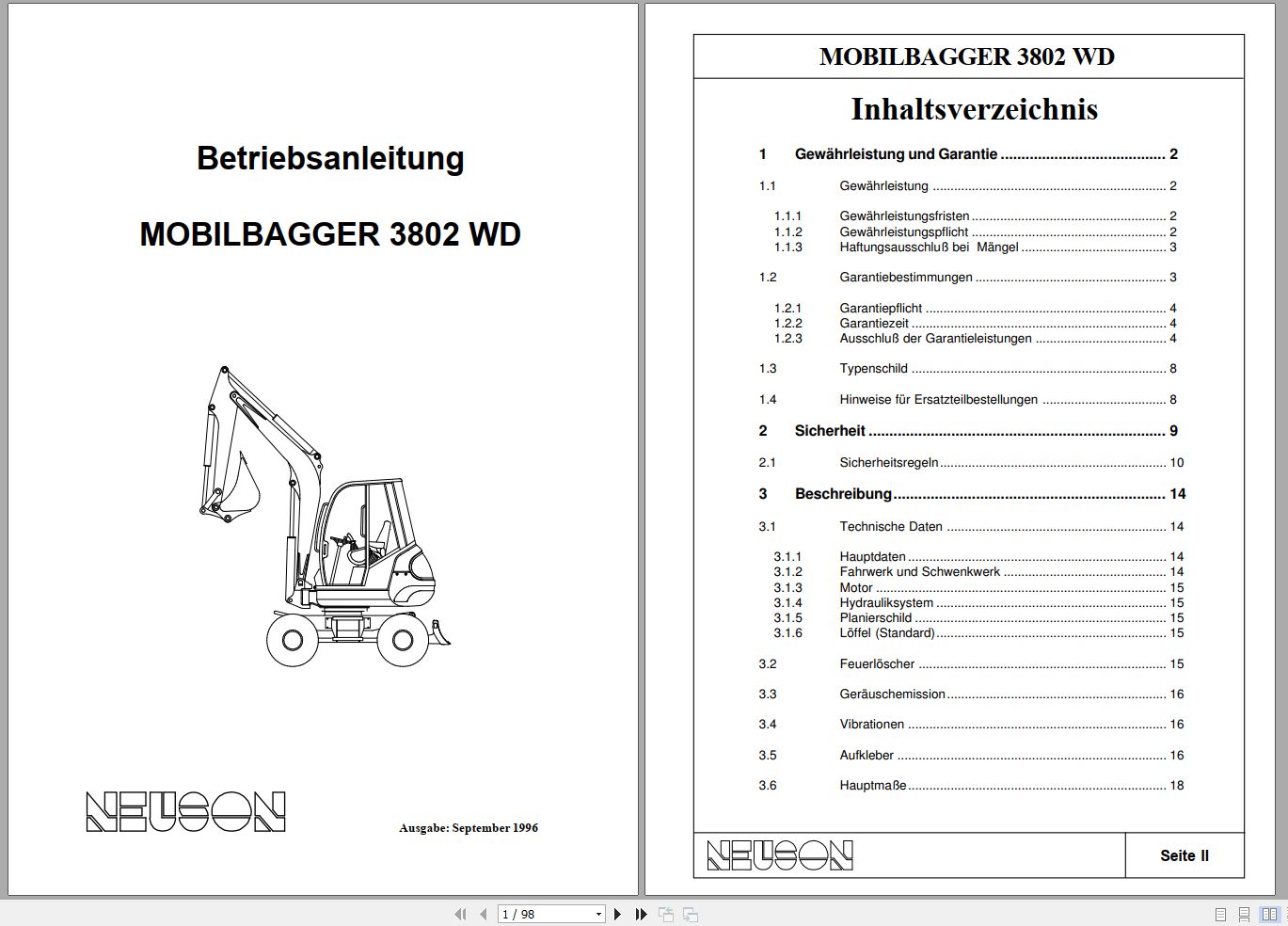 Wacker Neuson Mobilbagger 3802 WD Operating Manual 1000081354 DE 1