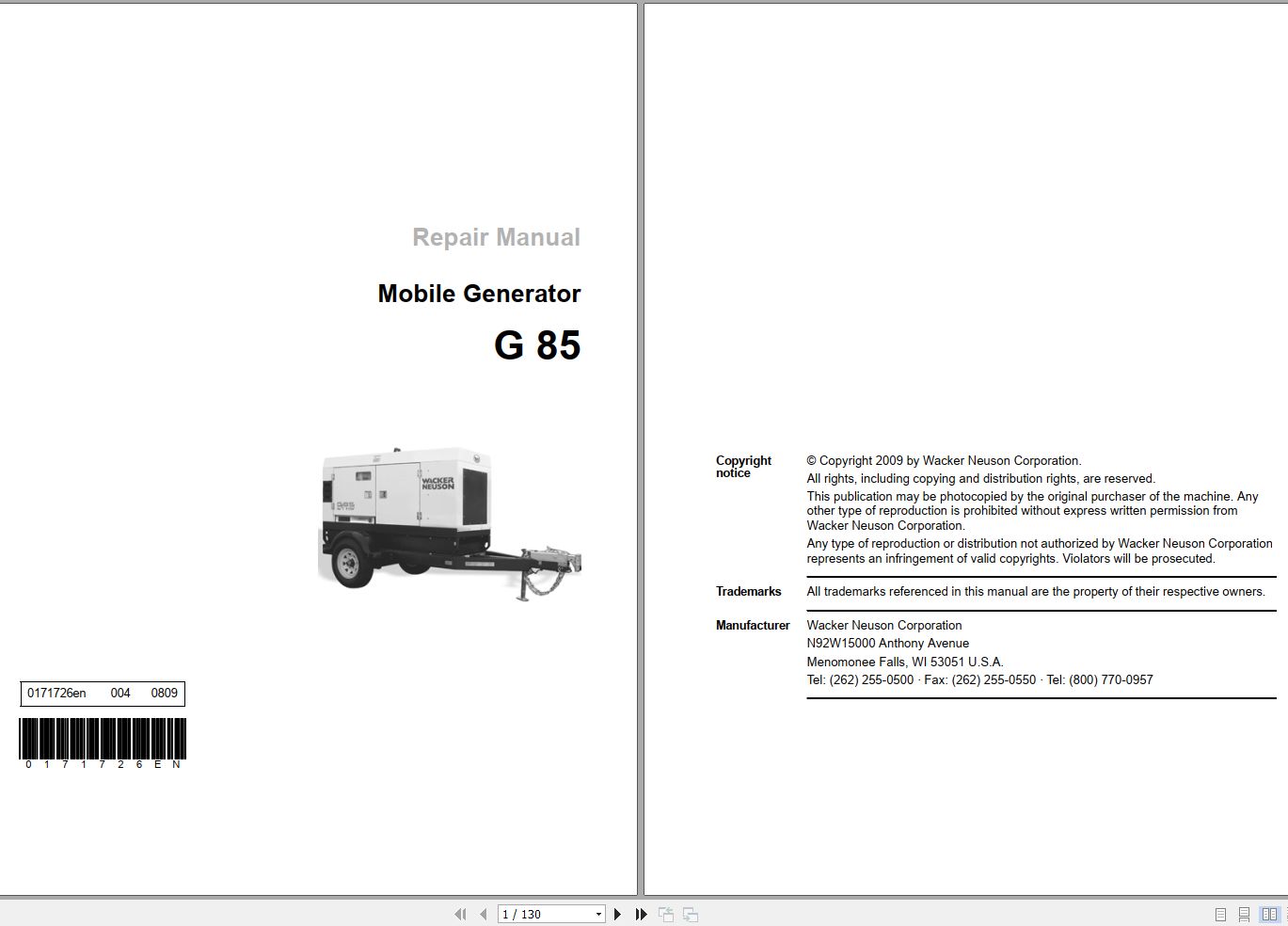 Wacker Neuson Mobile Generator G 85 Repair Manual 330564592 1