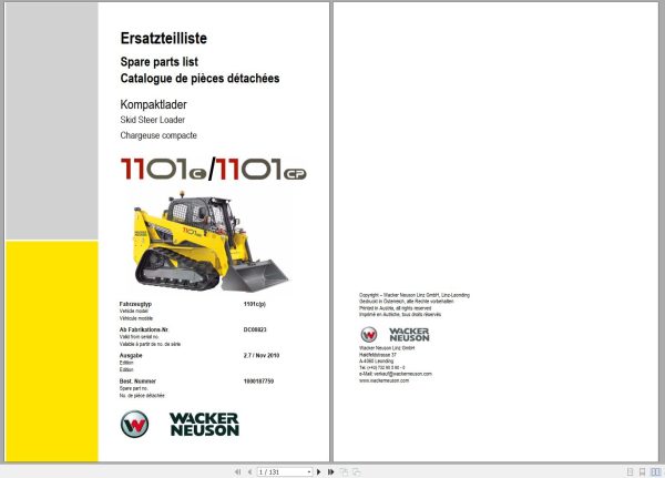 Wacker Neuson Skid Steer Loader 1101C 1101CP Spare Parts List 1000187759 1