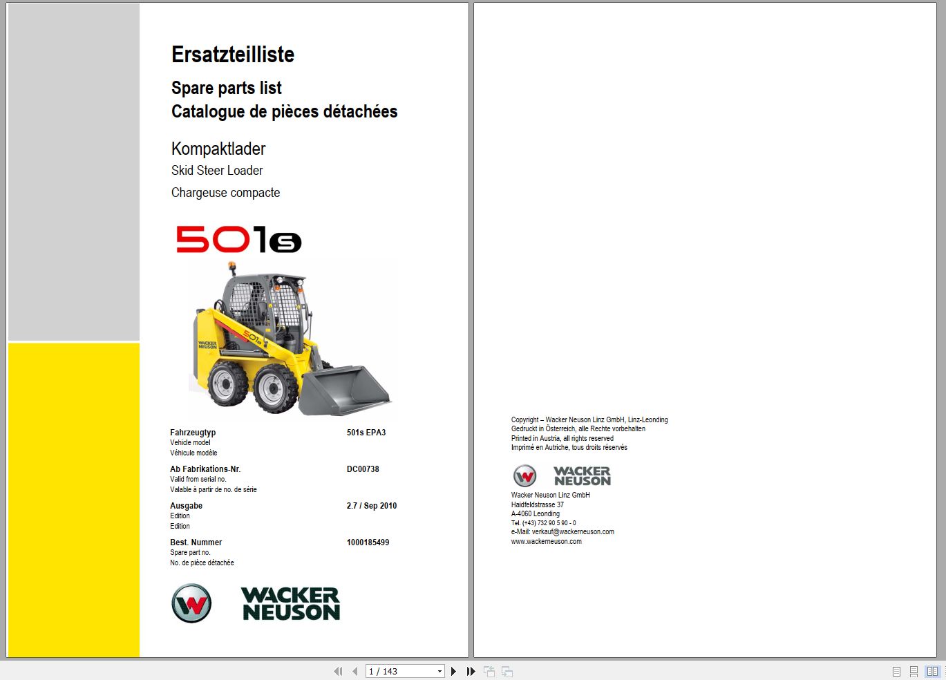 Wacker Neuson Skid Steer Loader 501S 2010 Spare Parts List 1000185499 1