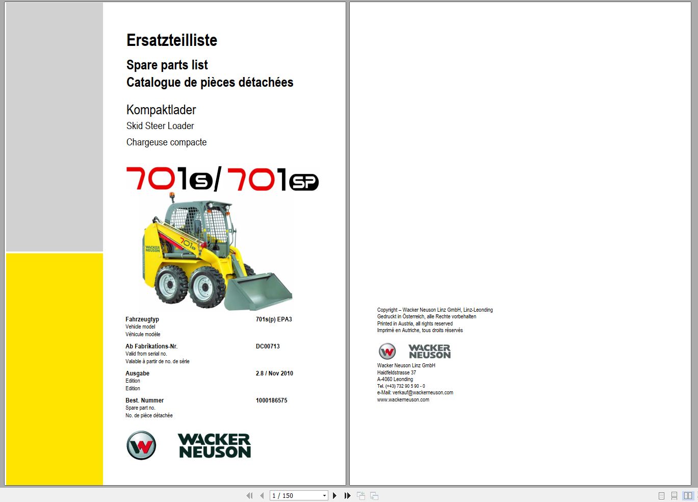 Wacker Neuson Skid Steer Loader 701S 701SP 2010 Spare Parts List 1000186575 1