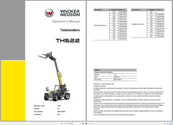 Wacker Neuson Telehandlers TH522 Operating Manual 1000318086 1