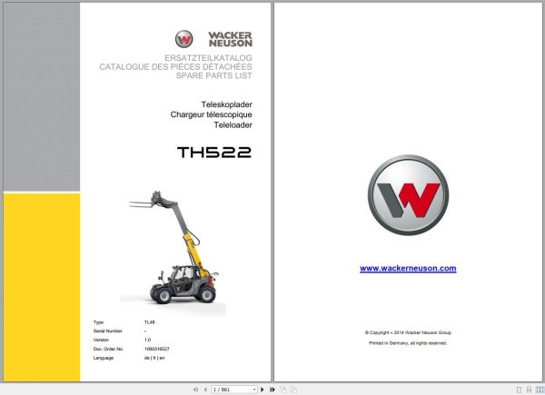 Wacker Neuson Telehandlers TH522 Spare Parts List 1000316527 1