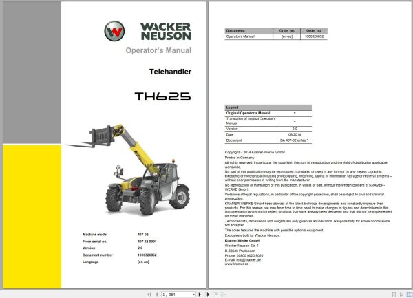 Wacker Neuson Telehandlers TH625 Operating Manual 1000326852 1