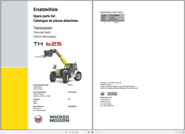 Wacker Neuson Telehandlers TH625 Spare Parts List 1000299179 1