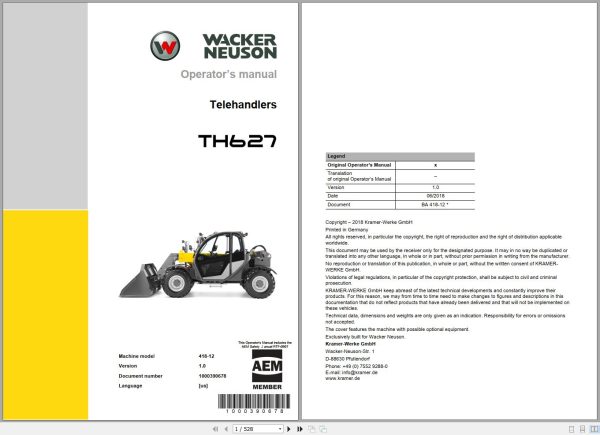 Wacker Neuson Telehandlers TH627 Operating Manual 1000390678 1