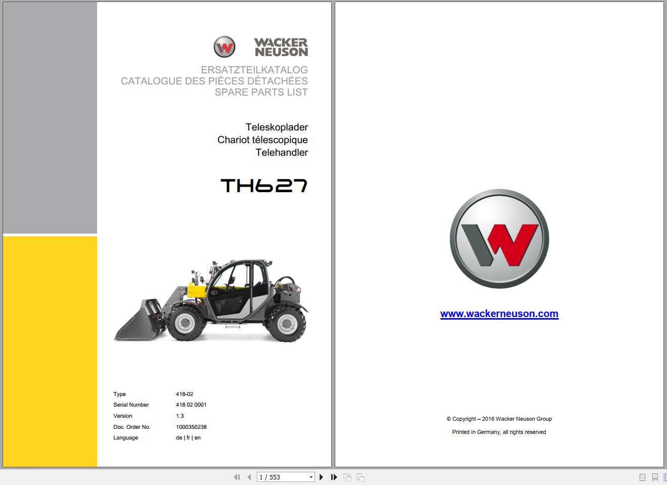Wacker Neuson Telehandlers TH627 Spare Parts List 1000350238 1