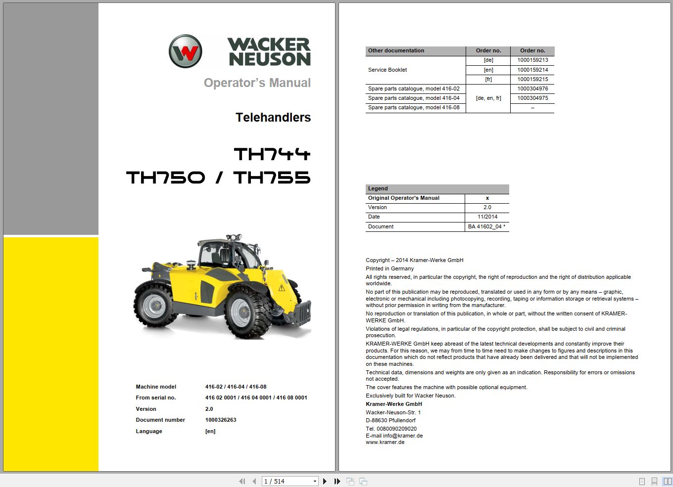 Wacker Neuson Telehandlers TH744 TH750 TH755 Operating Manual 1000326263 1