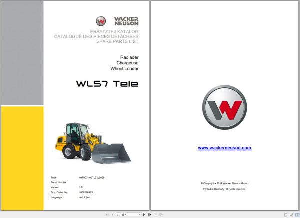 Wacker Neuson Wheel Loader WL57T Spare Parts List 1000296175 1
