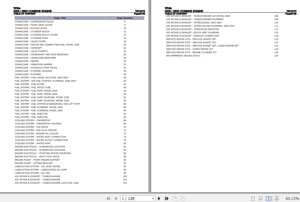White Combine 2500 2600 Engine Parts Catalog 79015472 1