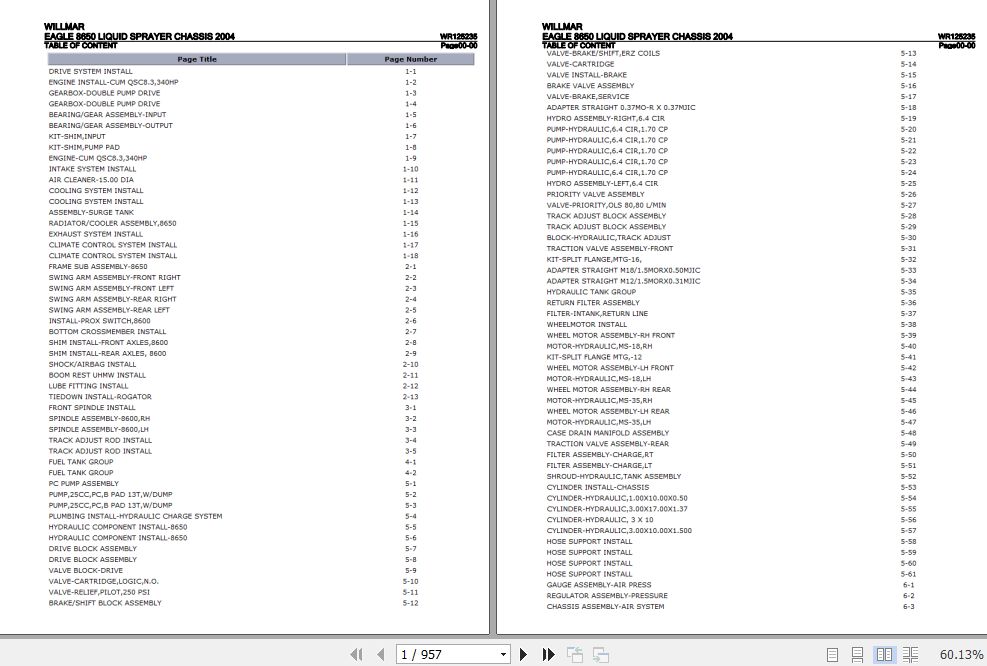 Willmar Liquid Sprayer Chassis Eagle 8650 Parts Catalog WR125235 1