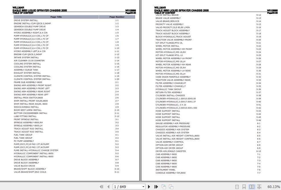 Willmar Liquid Sprayer Chassis Eagle 8650 Parts Catalog WR128688 1