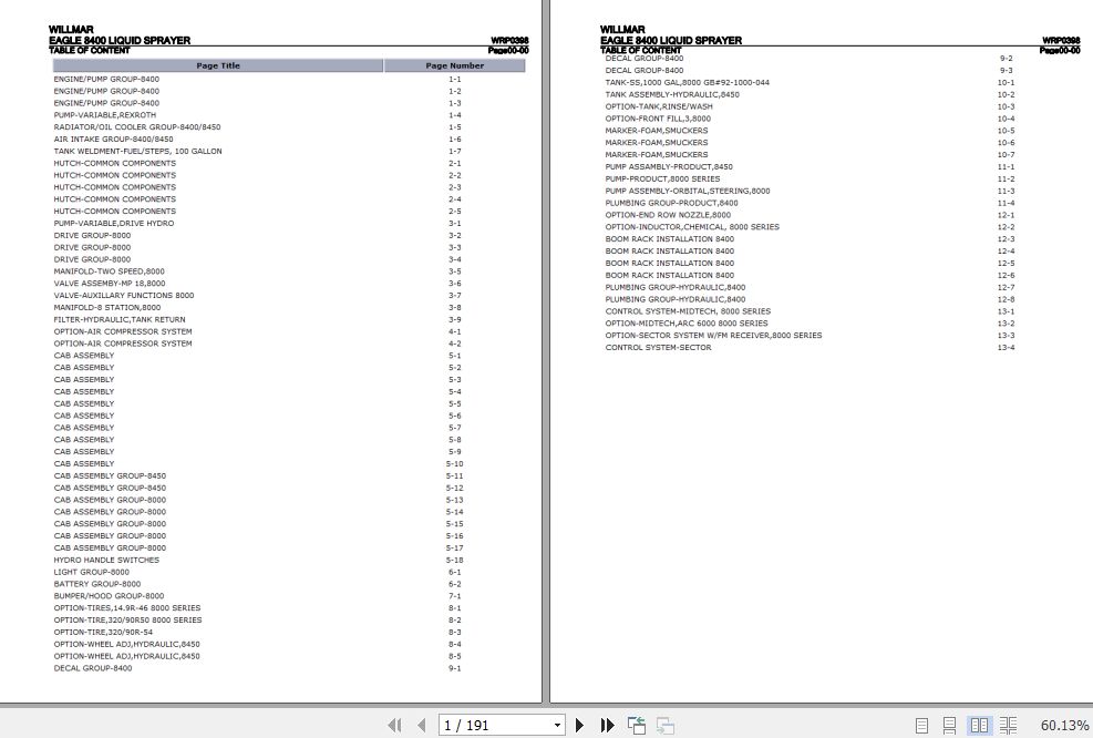 Willmar Liquid Sprayer Eagle 8400 Parts Catalog WRP0398 1
