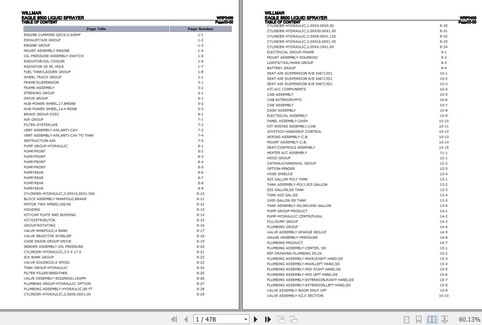 Willmar Liquid Sprayer Eagle 8500 Parts Catalog WRP0409 1