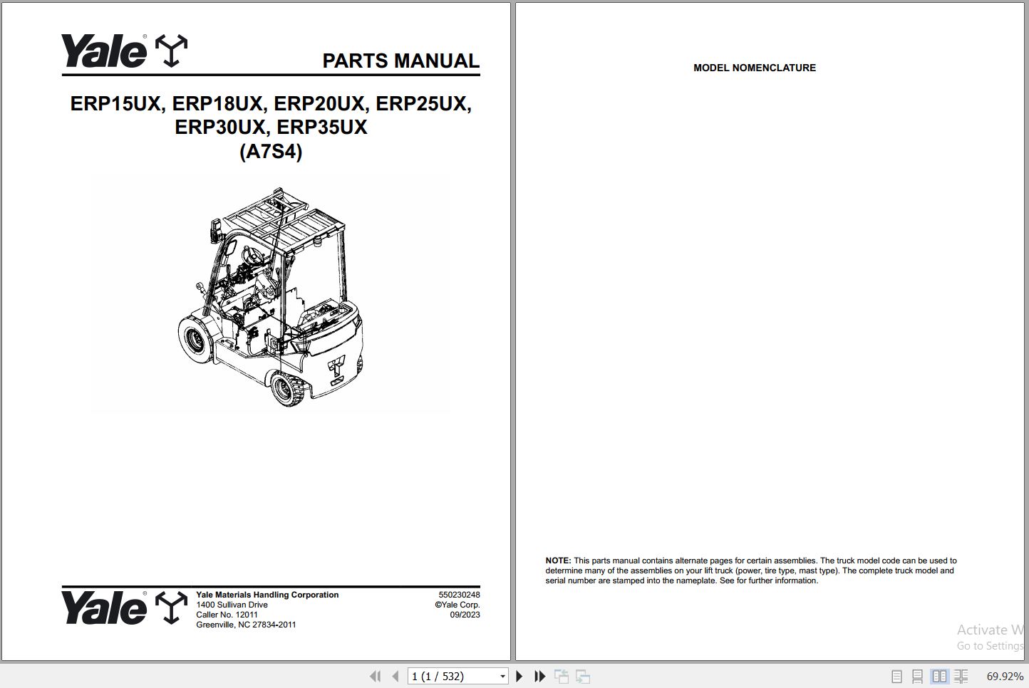Yale Forklift ERP15UX to ERP35UX A7S4 Parts Manual 550230248 2023 1