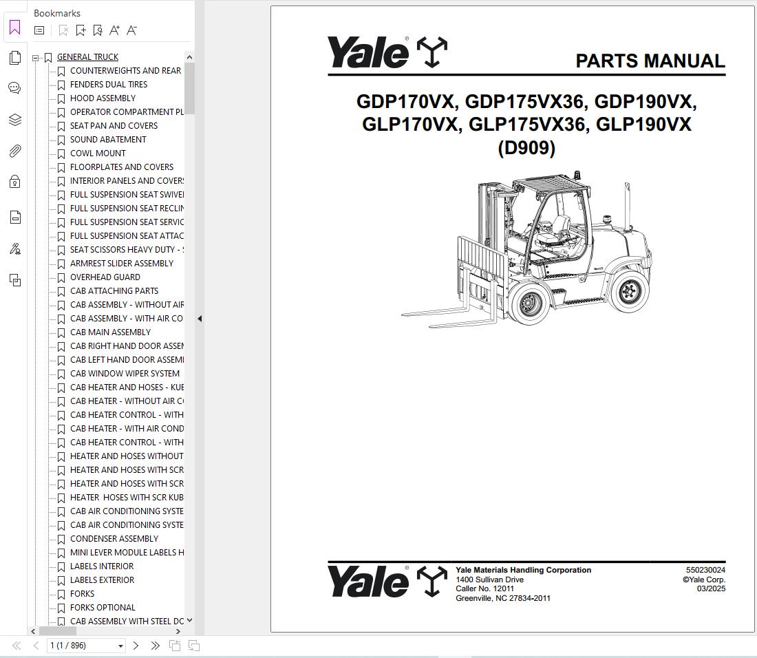 Yale Forklift GDP170VX to GLP190VX D909 Parts Service Manual 2025 1