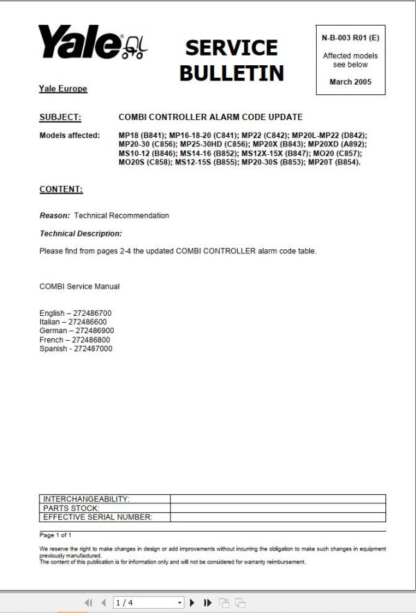 Yale Forklift MP18 to MP20T Combi Controller Fault Code 1