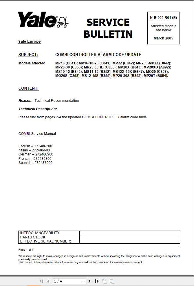 Yale Forklift MP18 to MP20T Combi Controller Fault Code 1