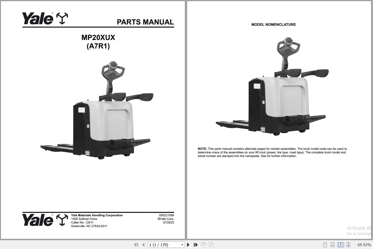 Yale Forklift MP20XUX A7R1 Parts Manual 550221589 2023 1