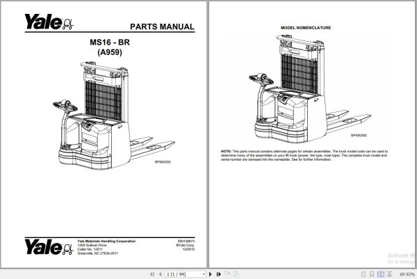 Yale Forklift MS16 BR A959 Parts Manual BP990080 2015 1