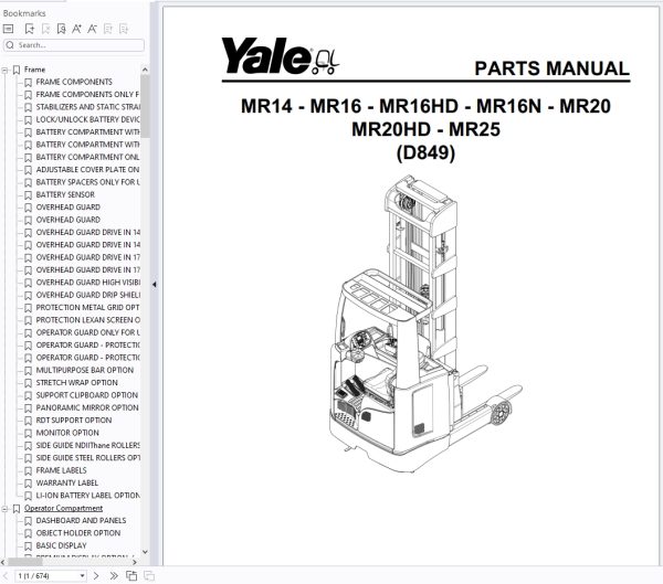 Yale Lift Truck D849 MR14 MR25 Part Manual 550066256 1