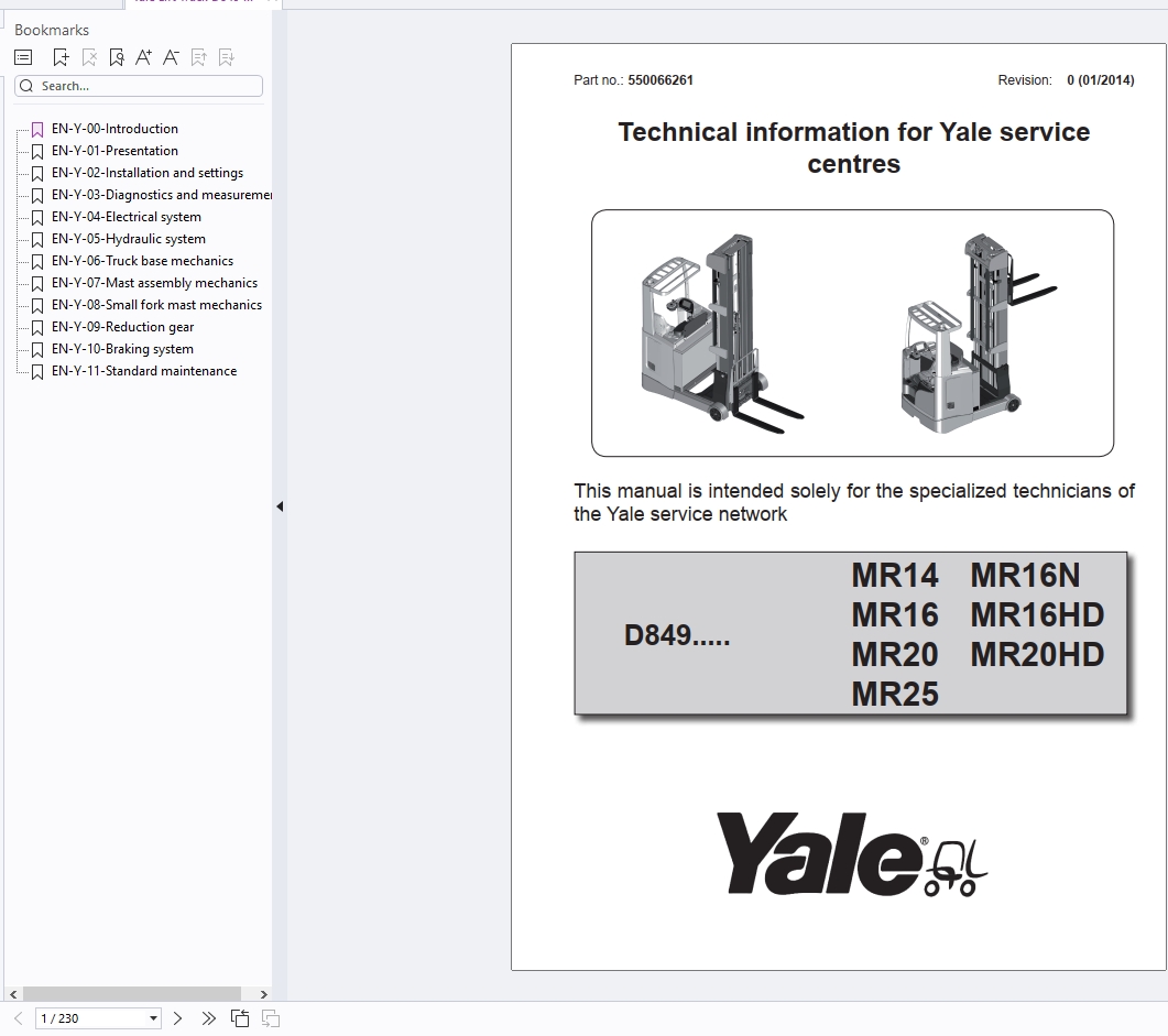Yale Lift Truck D849 MR14 MR25 Service Manual 550066261 1