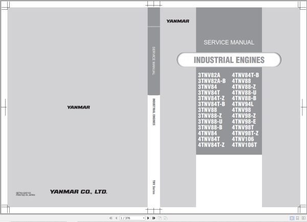 Yanmar Engine 3TNV82A to 4TNV106T Service Manual 0BTNV G00103 1