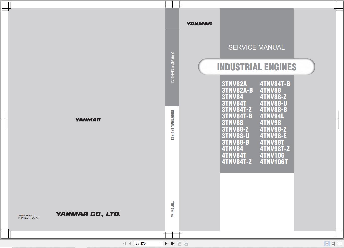 Yanmar Engine 3TNV82A to 4TNV106T Service Manual 0BTNV G00103 1