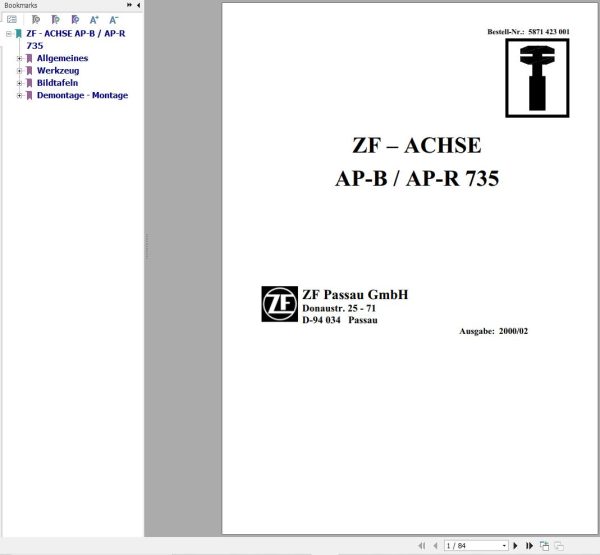 ZF Axle AP B 735 AP R 735 Repair Instructions Manual 5871423001 DE 1