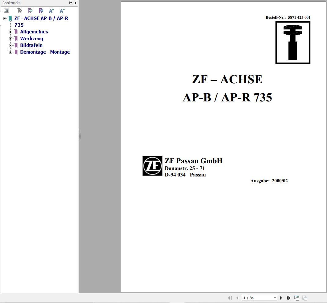 ZF Axle AP B 735 AP R 735 Repair Instructions Manual 5871423001 DE 1