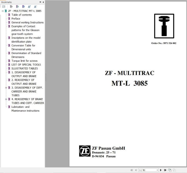 ZF Axle MT L 3085 Repair Manual 5871526002 1