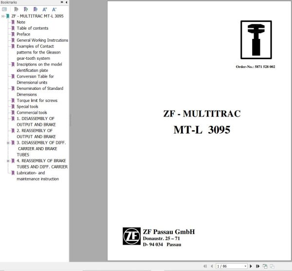 ZF Axle MT L 3095 Repair Instructions Manual 871528002 1