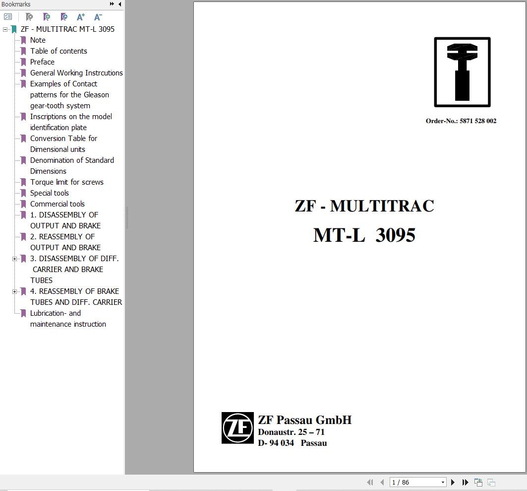 ZF Axle MT L 3095 Repair Instructions Manual 871528002 1