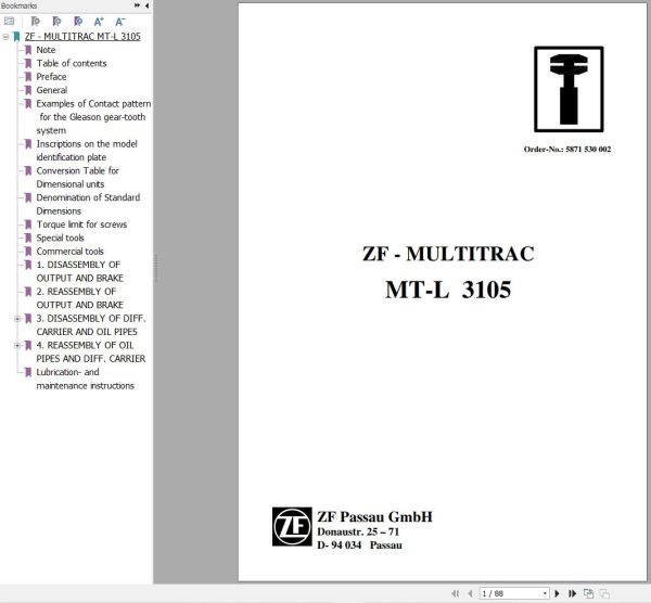 ZF Axle MT L 3105 Repair Manual 871528002 1