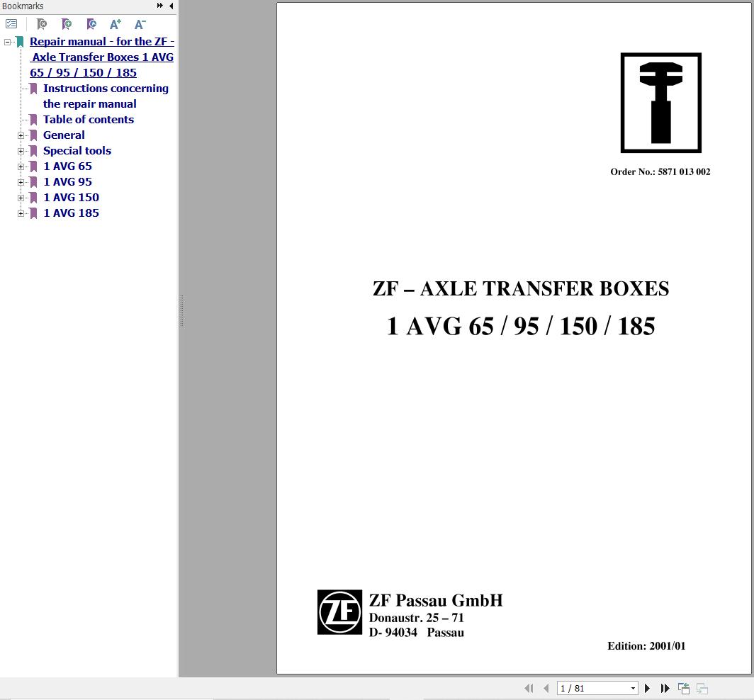 ZF Axle Transfer Boxes 1AVG65 1AVG95 1AVG150 1AVG185 Repair Manual 5871013002 1