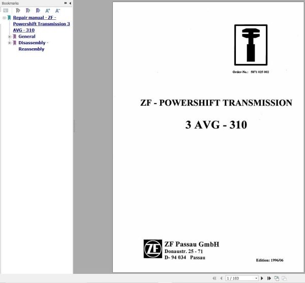 ZF Hydrostatic Powershift Transmission 3AVG310 Repair Instructions Manual 5871025002 1