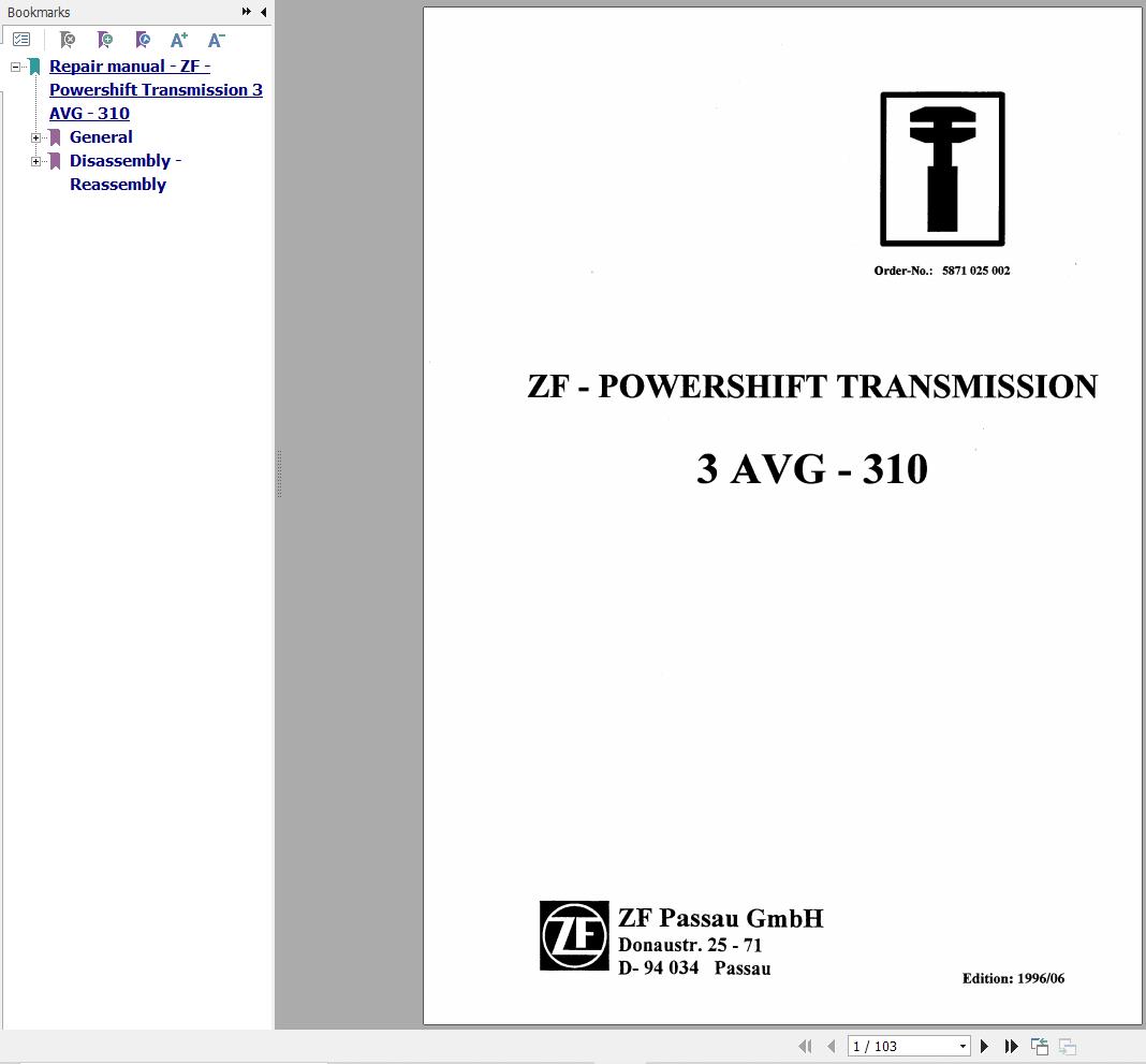 ZF Hydrostatic Powershift Transmission 3AVG310 Repair Instructions Manual 5871025002 1