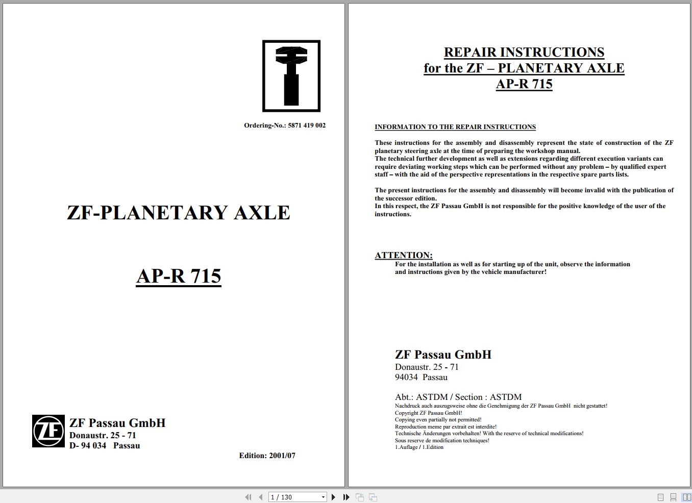 ZF Planetary Axle AP R715 Repair Manual 5871419002 1