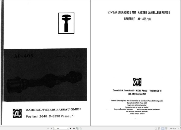 ZF Planetary Axle With Wet Disc Brake AP 405 BK Repair Manual DE 1