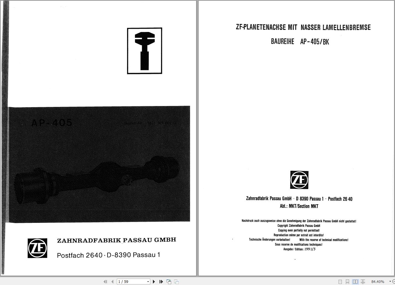 ZF Planetary Axle With Wet Disc Brake AP 405 BK Repair Manual DE 1