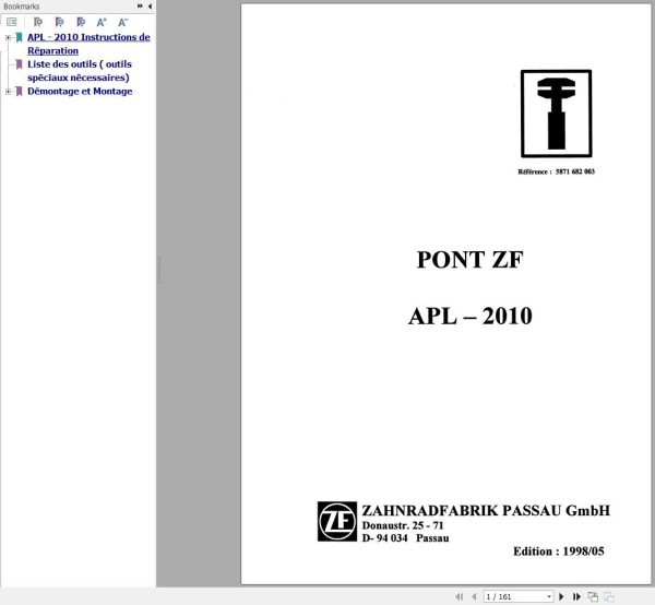 ZF Planetary Steering Beam APL 2010 Instructions And Repair Manual 5871516003F FR 1