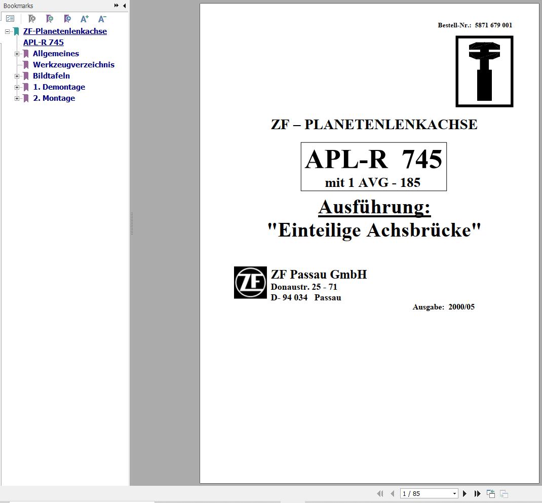 ZF Single Axle Bridge APL R 745 Instructions Manual 5871679001 DE 1