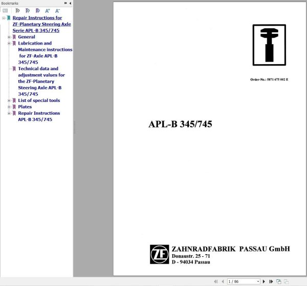 ZF Steering Axle APL B345 APL B7745 Instructions And Repair Manual 5871675002E 1